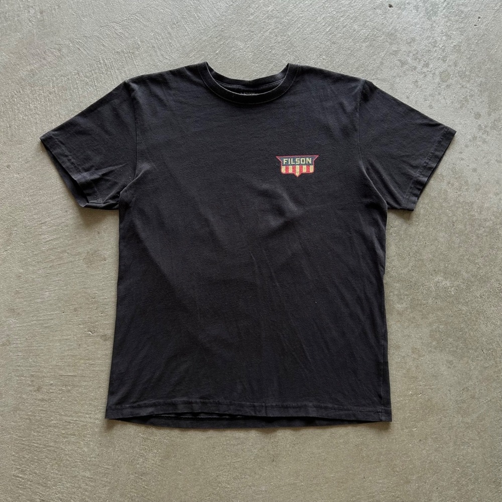 Vintage CC Filson Shirt Size Large Black Red White Blue Shield Logo USA Made